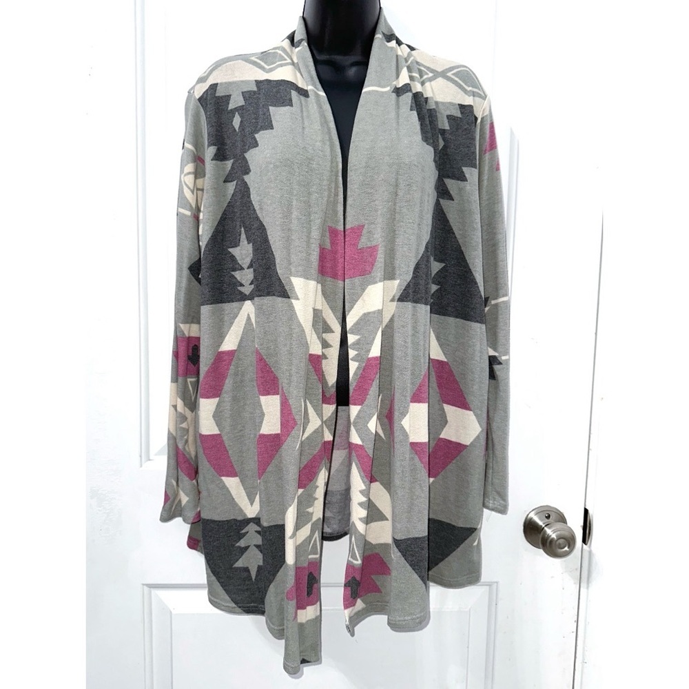 Acting Pro Gray and Purple Aztec print cardigan shawl